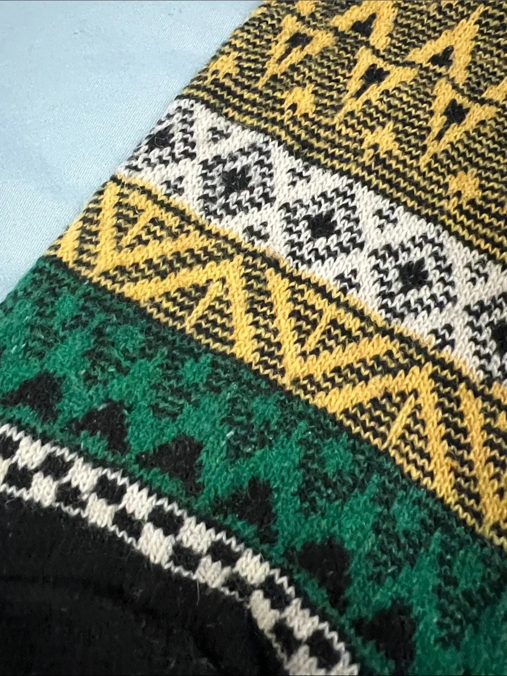 Vintage Abstract Patterned Wool Tall Crew Socks in Black, Green & Yellow